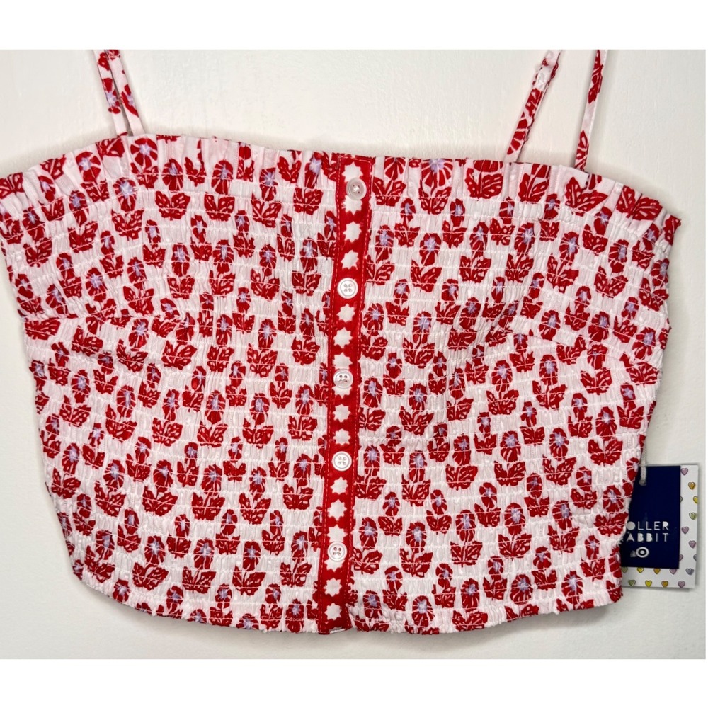 Roller Rabbit Cami Top Womens Medium Red White NWT Smocked Floral Button Front